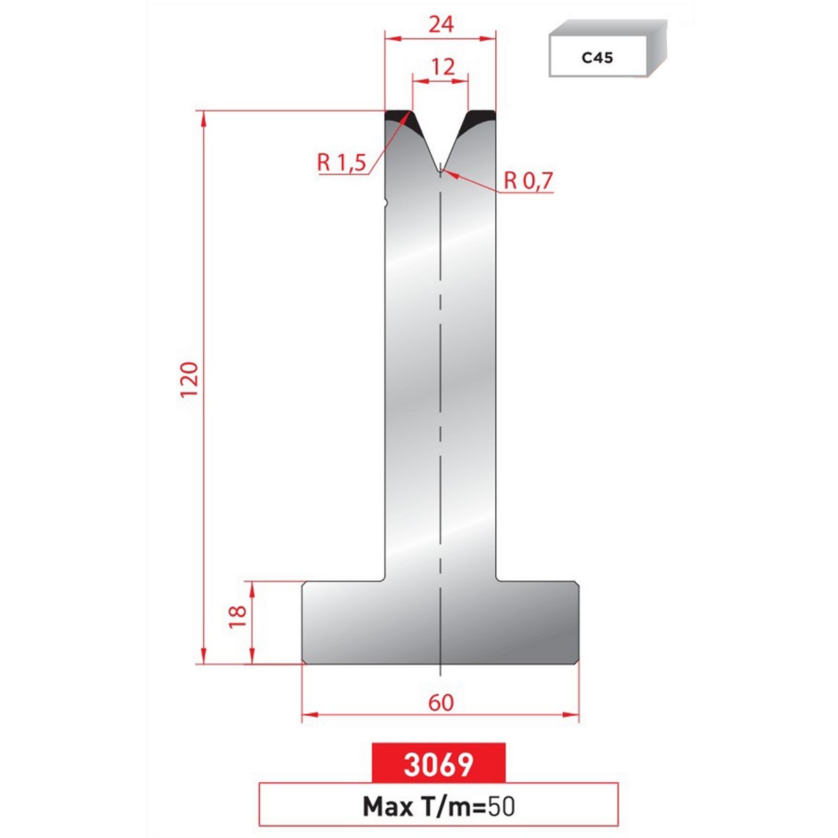 Matrice T - 45° N° 3069 Lg: 805 mm Fractionné