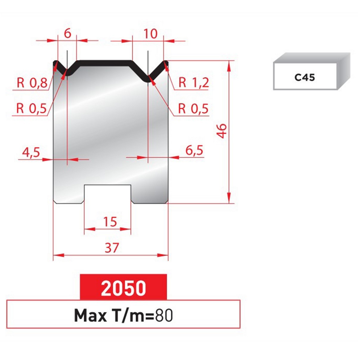 Matrice 2V autocentrée - 88° N° 2050 Lg: 805 mm Fractionné