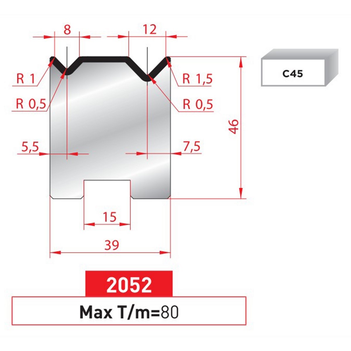 Matrice 2V autocentrée - 88° N° 2052 Lg: 835 mm