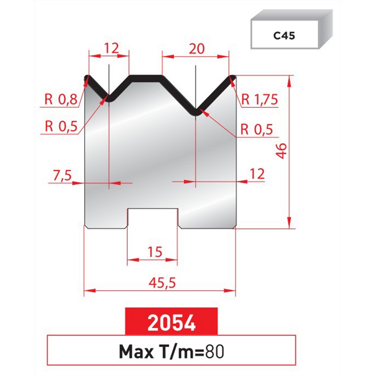 Matrice 2V autocentrée - 88° N° 2054 Lg: 805 mm Fractionné