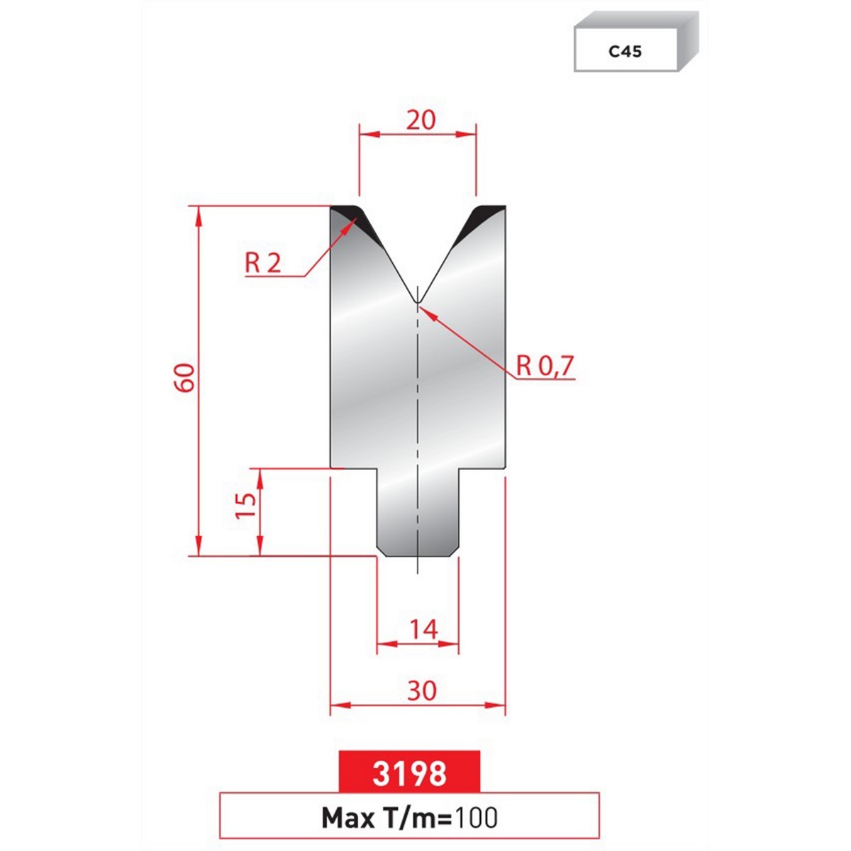 Matrice à insert - 60° N° 3198 Lg: 835 mm