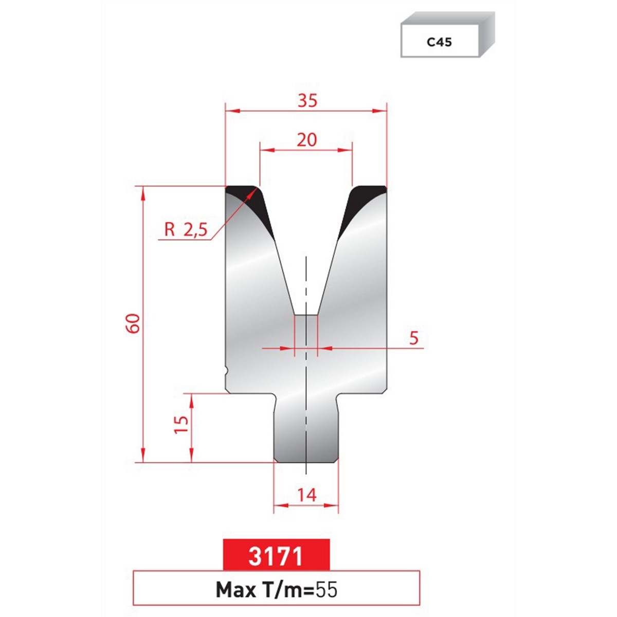 Matrice à insert - 30° N° 3171 Lg: 835 mm