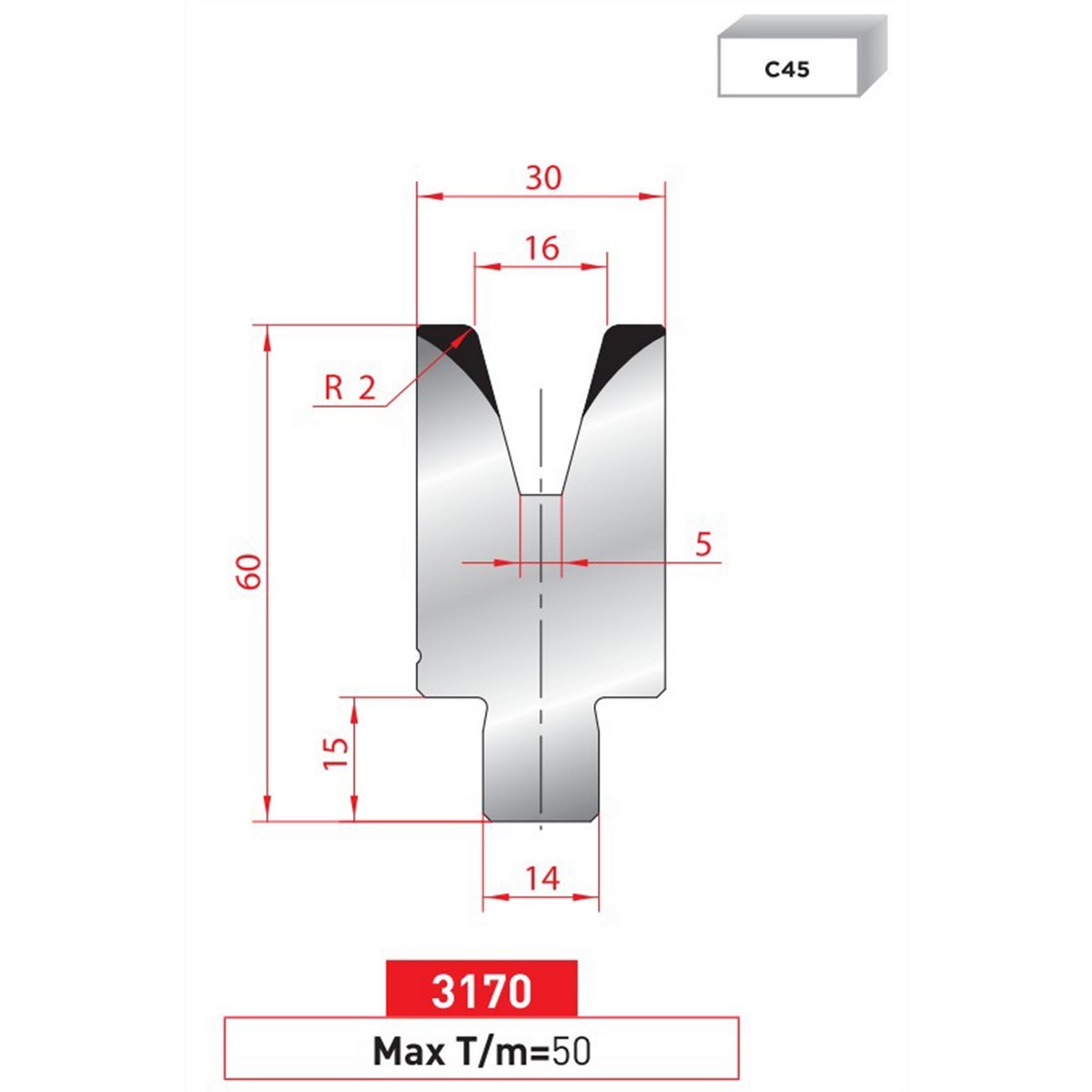 Matrice à insert - 30° N° 3170 Lg: 835 mm