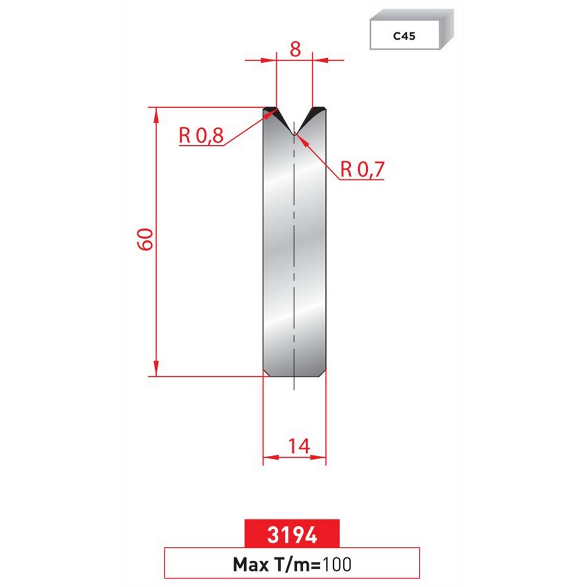 Matrice à insert - 60° N° 3194 Lg: 415 mm