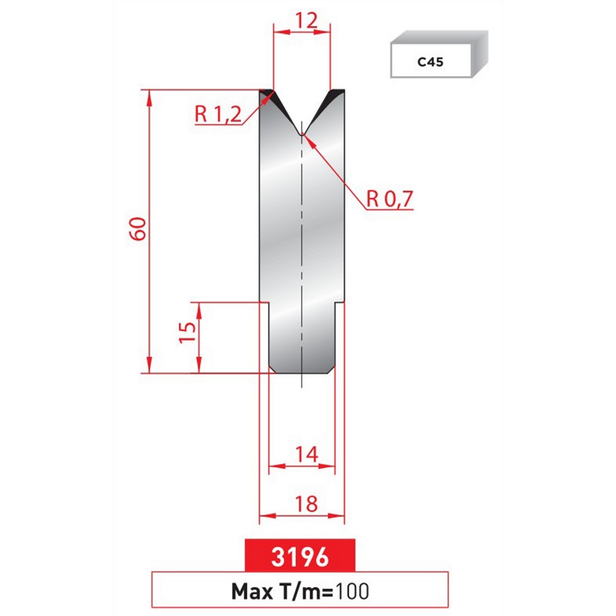 Matrice à insert - 60° N° 3196 Lg: 805 mm Fractionné