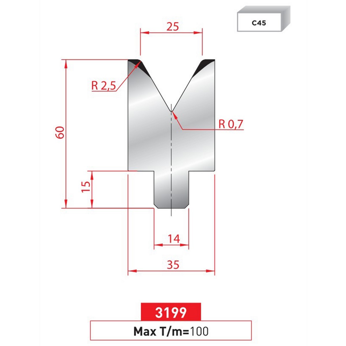 Matrice à insert - 60° N° 3199 Lg: 805 mm Fractionné