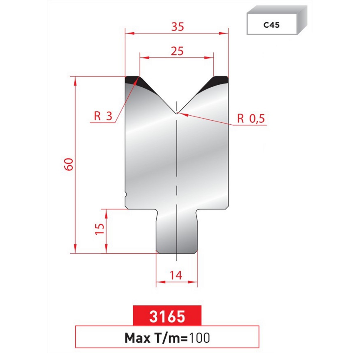 Matrice à insert - 88° N° 3165 Lg: 835 mm