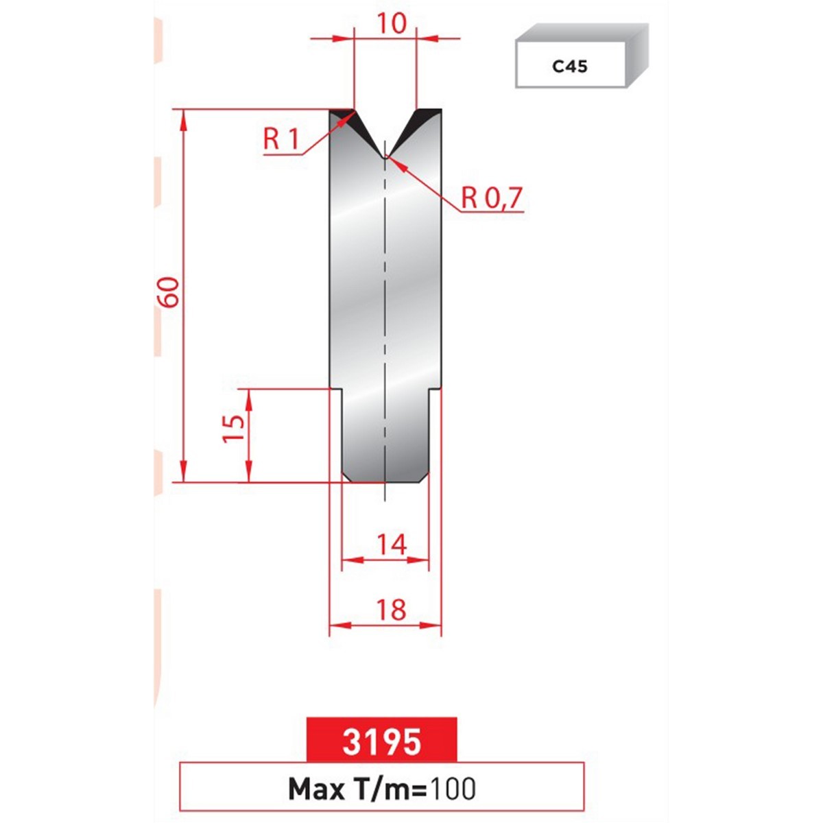 Matrice à insert - 60° N° 3195 Lg: 835 mm