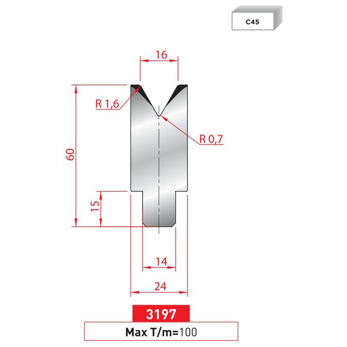 Matrice à insert - 60° N° 3197 Lg: 835 mm