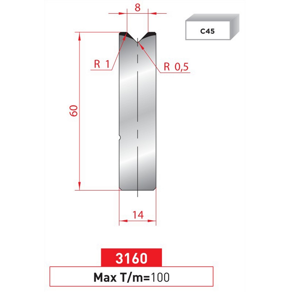 Matrice à insert - 88° N° 3160 Lg: 805 mm Fractionné