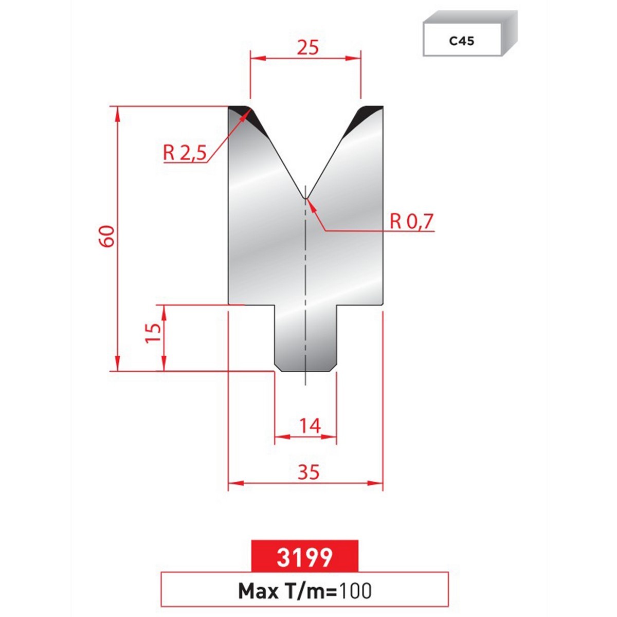 Matrice à insert - 60° N° 3199 Lg: 415 mm