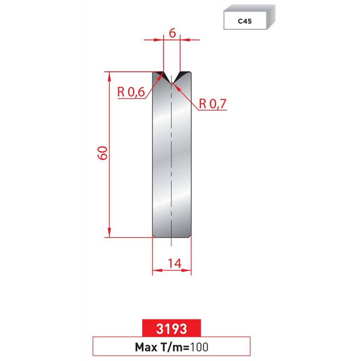 Matrice à insert - 60° N° 3193 Lg: 415 mm