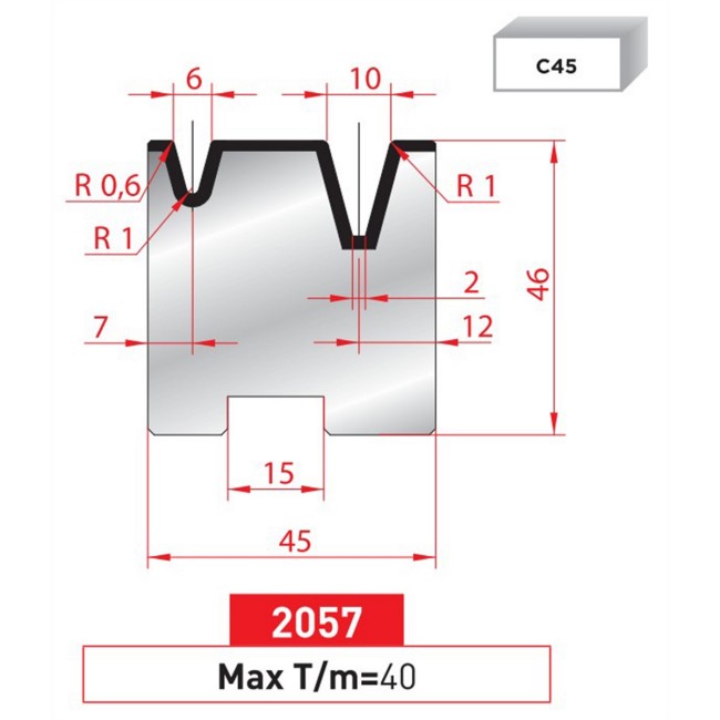 Matrice 2V autocentrée - 30° N° 2057 Lg: 805 mm Fractionné