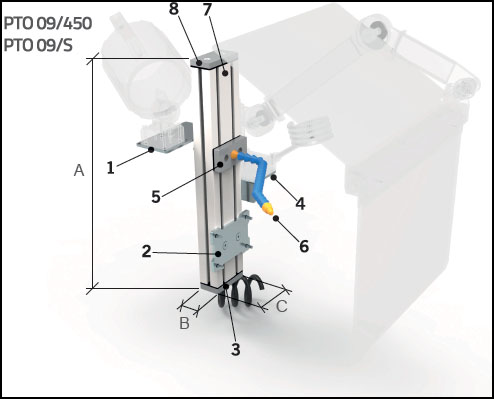 Colonne de support pour accessoires de tour - En aluminium profilé 45x90 avec étriers et distributeur réglable de lubrifiant-refroidissement "LocLine" Colonne de support réglable H. 450 mm.