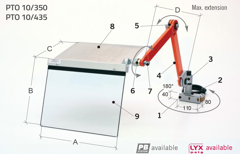 Protection pour tour du chariot - contre la projection des copeaux, à installer sur le chariot longitudinal Protection avec bras double (L+L) et bouclier L 400 H 350 mm.  - avec micro-interrupteur de sécurité