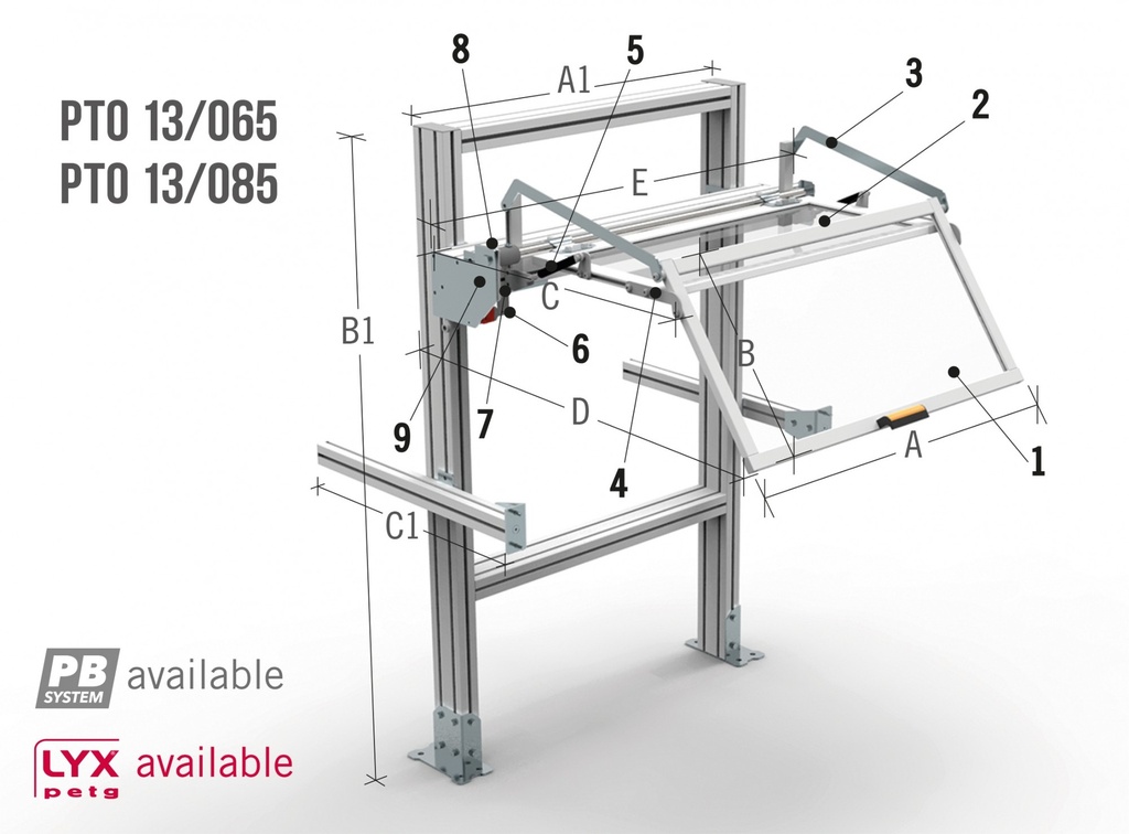 Protecteur pour chariot de tour avec ouverture verticale - contre les copeaux, à installer sur la PTO31 ou sur le support arrière SPTO13 Structure arrière pour protecteur PTO13 L.1200 mm. - profilés en aluminium extrudé - étriers de fixation pour le sol et le bâti de la machine