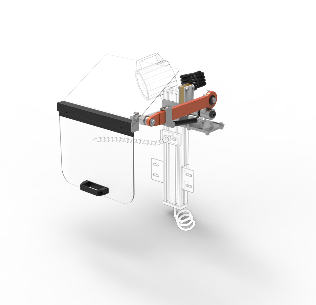 Protection pour tour du chariot - Avec ouverture verticale et cloison supérieure transparente Protection avec ouverture verticale et bouclier L.400mm H.350mm. Avec micro-interrupteur de sécurité