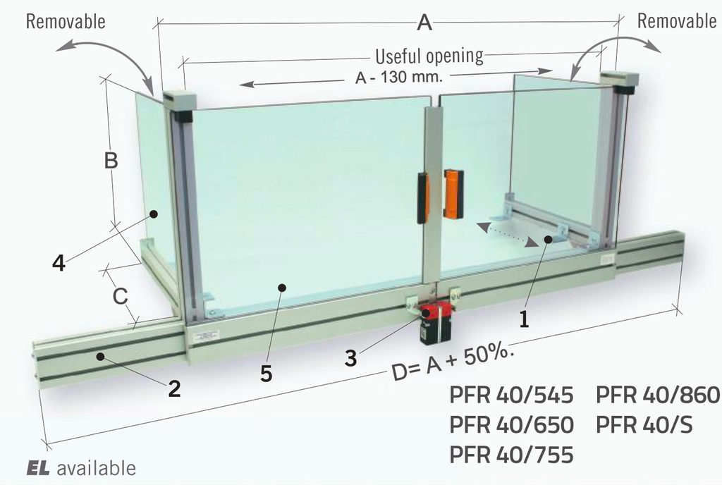 Protecteur périmétrique de sécurité pour fraiseuses, avec double guide coulissant en polyéthylène - à fixer sur la table de la machine N. Protection 3 côtés - Dim. 1400 x 450 H 550 mm.  - avec n. 2 micro-interrupteurs de sécurité