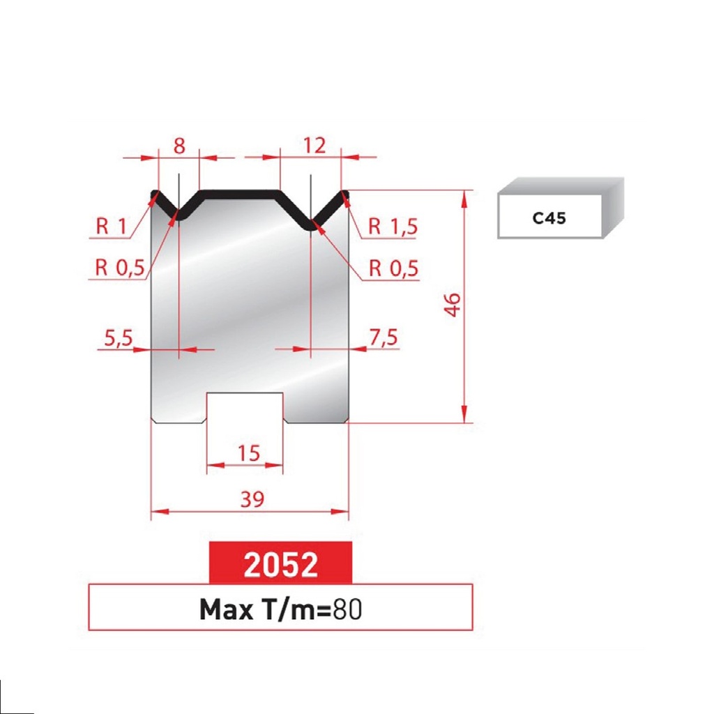 Matrice 2V autocentrée type AMADA neuve ARROW référence 2052 Lg 415