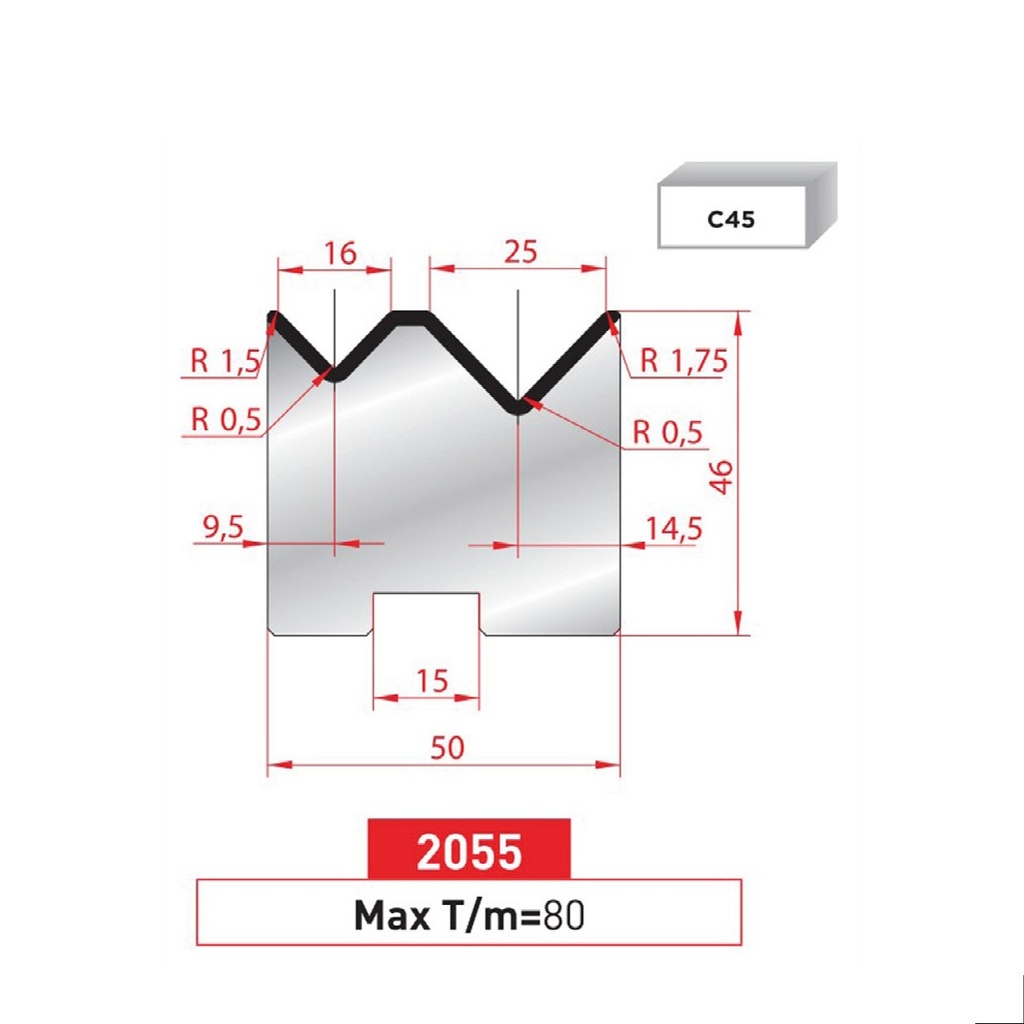 Matrice 2V autocentrée type AMADA neuve ARROW référence 2055 Lg 805 Fractionné
