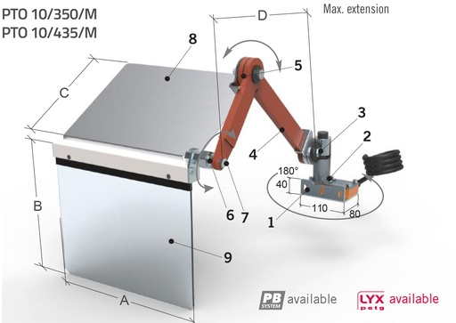 [2NMTOU_PTO10_350_M] Protection pour tour du chariot - contre la projection des copeaux, à installer sur le chariot longitudinal Protection avec bras double (L+S) et bouclier L 350 H 300 mm.  - avec micro-interrupteur de sécurité