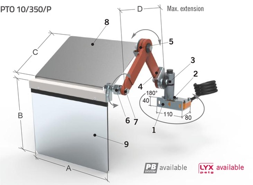 [2NMTOU_PTO10_350_P] Protection pour tour du chariot - contre la projection des copeaux, à installer sur le chariot longitudinal Protection avec bras double (S+S) et bouclier L 350 H 300 mm.  - avec micro-interrupteur de sécurité