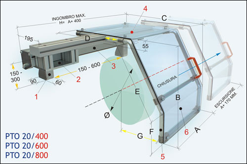 [2NMTOU_PTO20_600] Protection coulissante pour tour - à fixer en haut de la machine Protection coulissante pour mandrin Ø 600 - 700 mm.
