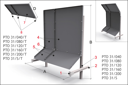 [2NMTOU_PTO31_040_T] Toit incliné en option pour la protection arrière PTO 31 Toit incliné avec étrier d'ancrage réglable L 400 H 550 mm.