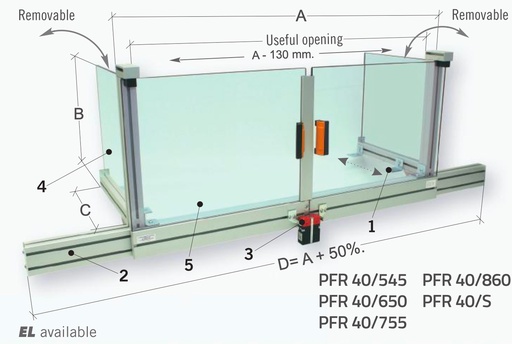 [2NMFRA_PFR40_650] Protecteur périmétrique de sécurité pour fraiseuses, avec double guide coulissant en polyéthylène - à fixer sur la table de la machine N. Protection 3 côtés - Dim. 1200 x 400 H 500 mm.  - avec n. 2 micro-interrupteurs de sécurité