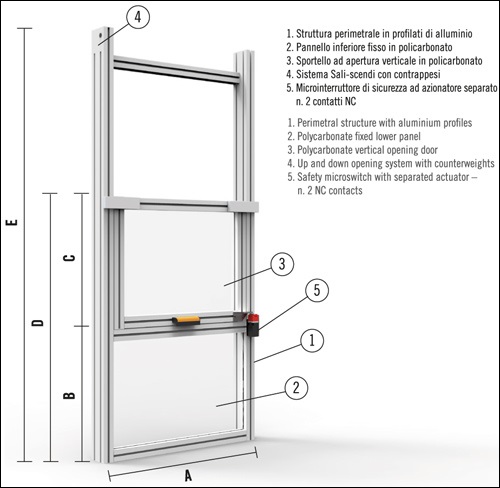 [2NTPRE_PPR01_100] Protecteur pour presse hydraulique à double support - porte ouvrante avec contrepoids Protecteur avec écran à ouverture verticale L 1300 H.805 mm. - avec micro-interrupteur de sécurité
