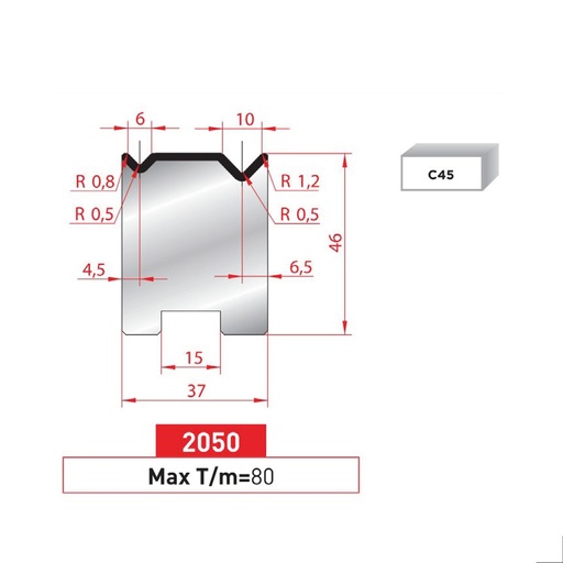 [2NTPLI_EUROSTAMP2050_2F] Matrice 2V autocentrée type AMADA N°2050 Lg 805 Fractionné