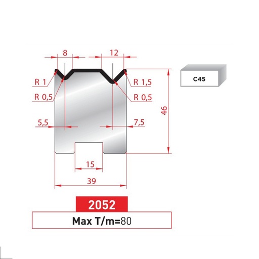 [2NTPLI_EUROSTAMP2052_1M] Matrice 2V autocentrée type AMADA ARROW N°2052 Lg 415