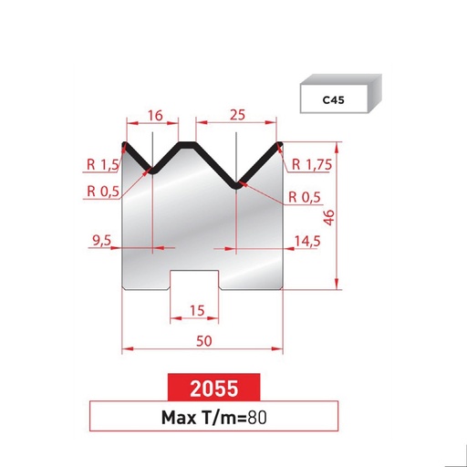 [2NTPLI_EUROSTAMP2055_1M] Matrice 2V autocentrée type AMADA N°2055 Lg 415