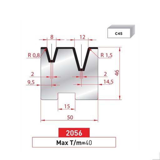 [2NTPLI_EUROSTAMP2056_2F] Matrice 2V autocentrée type AMADA neuve ARROW référence 2056 Lg 805 Fractionné
