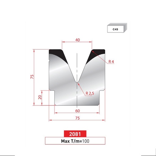 [2NTPLI_EUROSTAMP2081_2F] Matrice 1V type AMADA neuve ARROW référence 2081 Lg 805 Fractionné