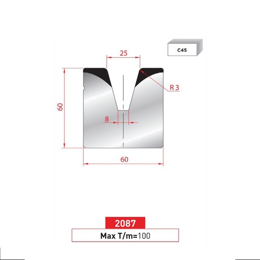[2NTPLI_EUROSTAMP2087_2F] Matrice 1V type AMADA ARROW N°2087 Lg 805 Fractionné