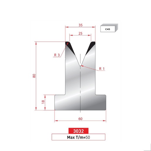 [2NTPLI_EUROSTAMP3032_2F] Matrice T type AMADA N°3032 Lg 805 Fractionné
