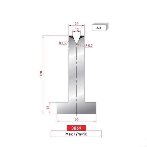 [2NTPLI_EUROSTAMP3069_2F] Matrice T type AMADA neuve ARROW référence 3069 Lg 805 Fractionné