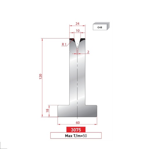 [2NTPLI_EUROSTAMP3075_2F] Matrice T type AMADA N°3075 Lg 805 Fractionné